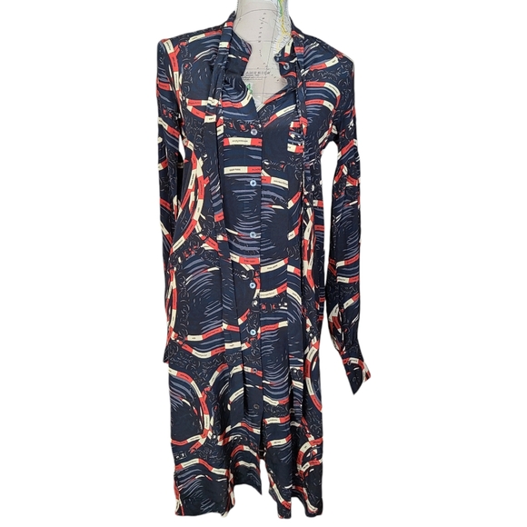 rokh Size 2-4 Silk Scarf Midi Shirtdress Blue Classic Chain Link Abstract Print - Picture 8 of 16